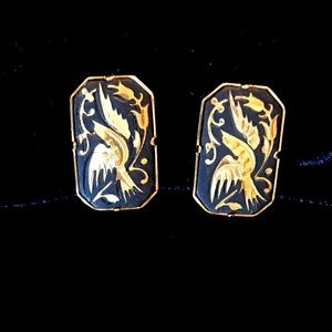 Matching Damascene Vintage Earrings and Brooch Set